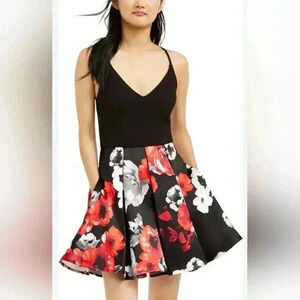 Speechless fit flare party cocktail dress. Black floral Macy's